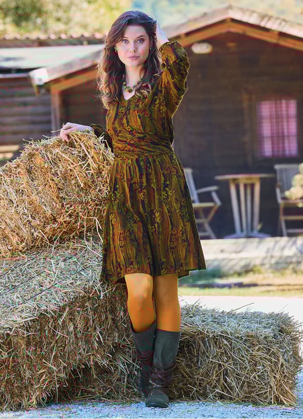 V Neck Draped Belt Detailed Khaki Long Sleeve Dress 4704