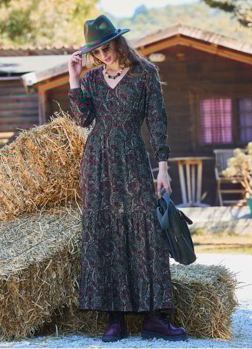 V Neck Flounced Detailed Khaki Winter Dress 4699