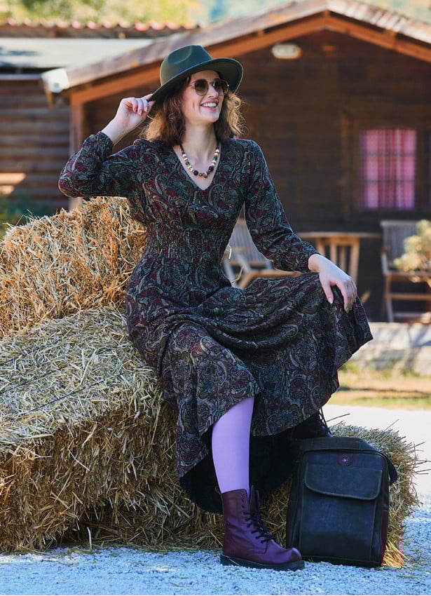 V Neck Flounced Detailed Khaki Winter Dress 4699