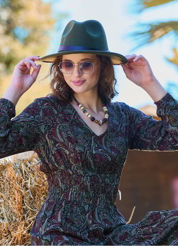 V Neck Flounced Detailed Khaki Winter Dress 4699