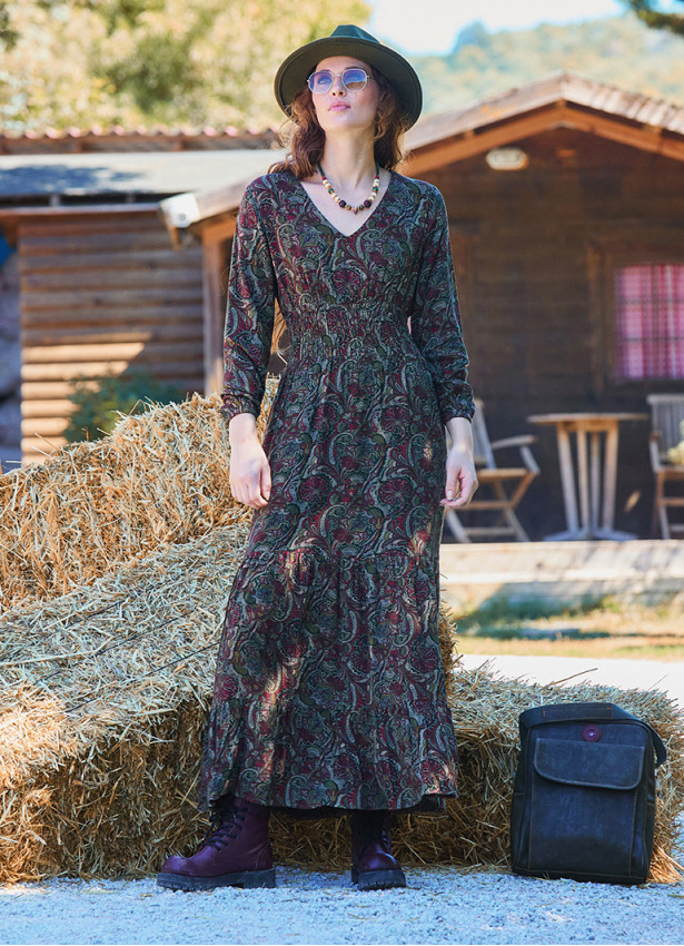 V Neck Flounced Detailed Khaki Winter Dress 4699