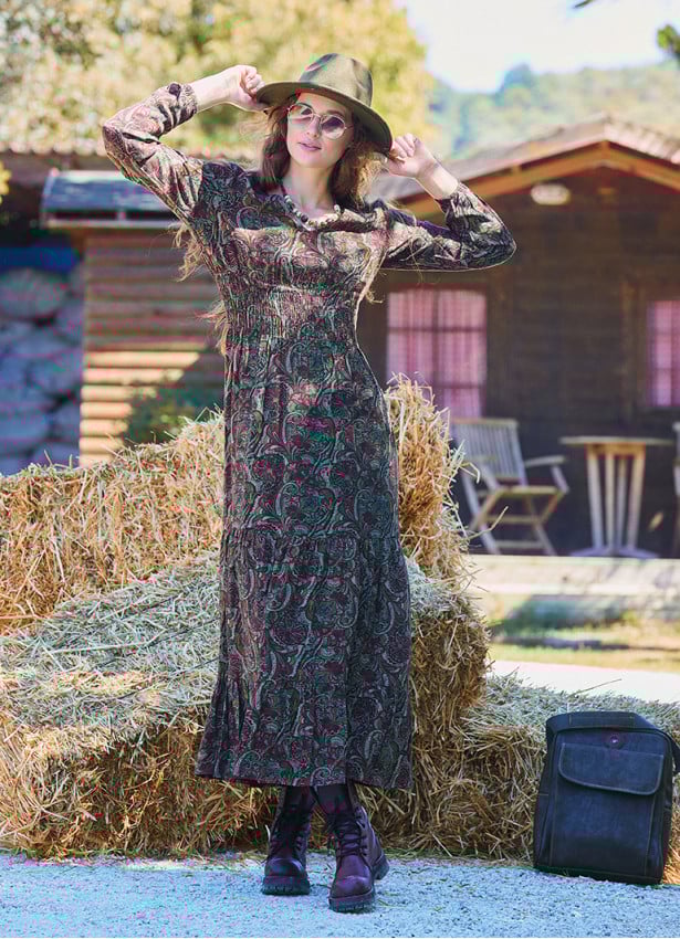 V Neck Flounced Detailed Khaki Winter Dress 4699