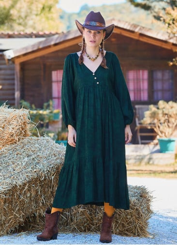 V Neck Elastic Sleeve Button Detailed Green Winter Dress 4711