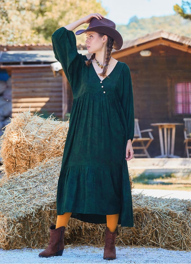 V Neck Elastic Sleeve Button Detailed Green Winter Dress 4711