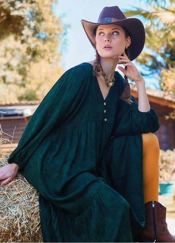V Neck Elastic Sleeve Button Detailed Green Winter Dress 4711