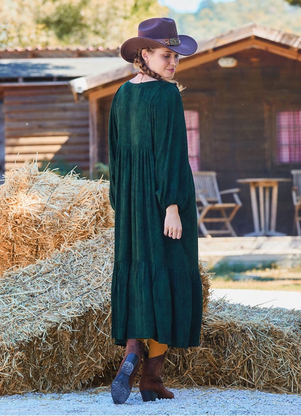 V Neck Elastic Sleeve Button Detailed Green Winter Dress 4711