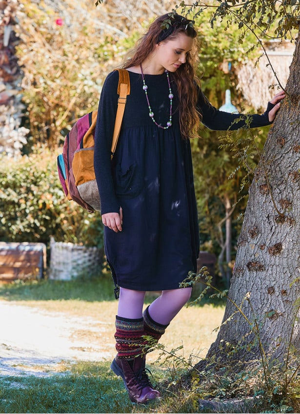 Crew Neck Pocket Finger Strap Black Winter Dress 4737