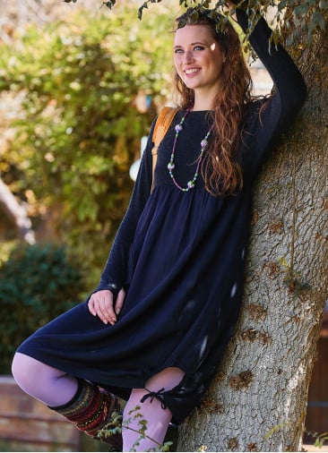 Crew Neck Pocket Finger Strap Black Winter Dress 4737