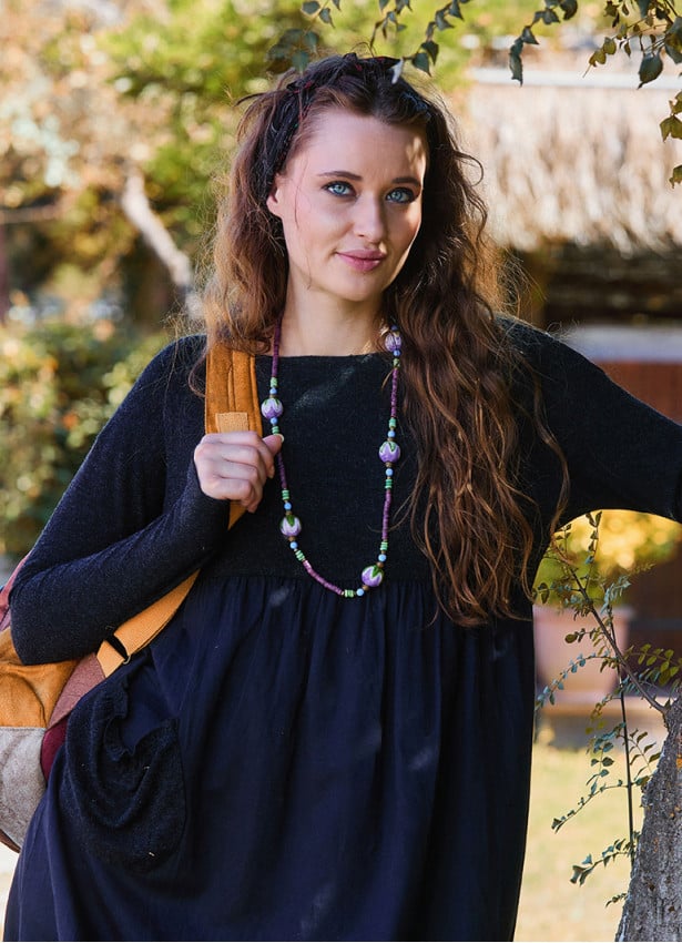 Crew Neck Pocket Finger Strap Black Winter Dress 4737