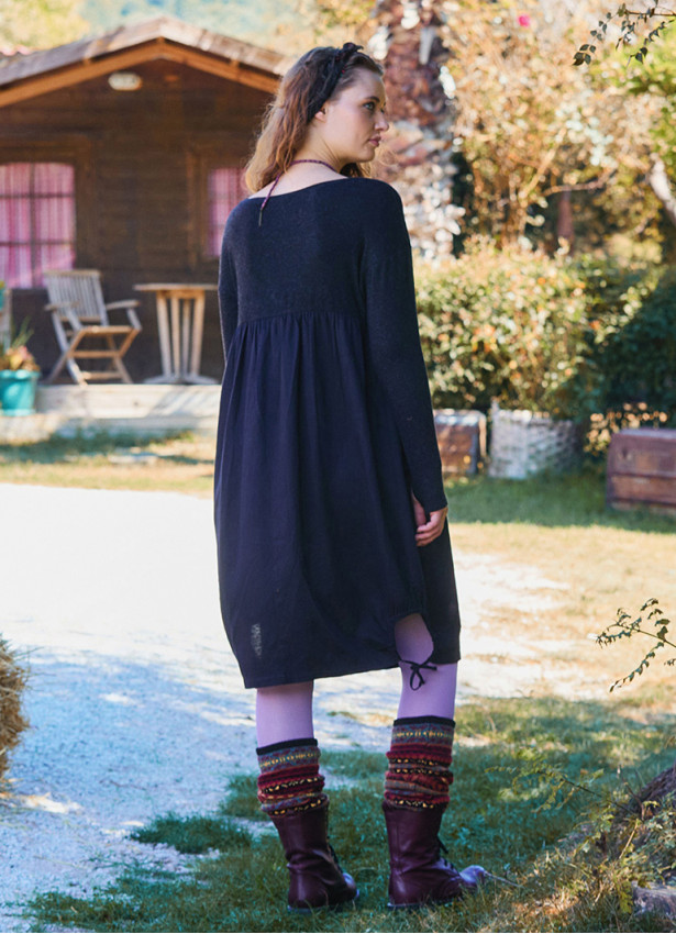 Crew Neck Pocket Finger Strap Black Winter Dress 4737