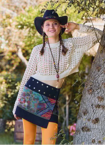 Snap Closure Patchwork Wrap Black Mini Skirt 4669