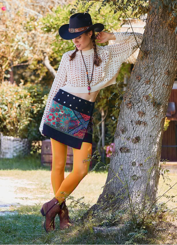 Snap Closure Patchwork Wrap Black Mini Skirt 4669