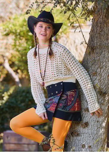 Crew Neck Perforated Ecru Long Sleeve Blouse 4752