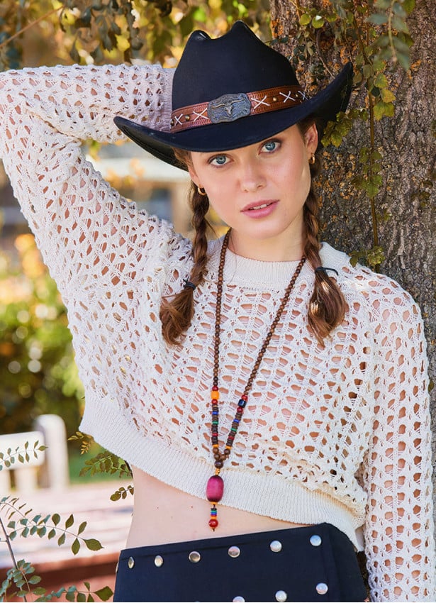 Crew Neck Perforated Ecru Long Sleeve Blouse 4752