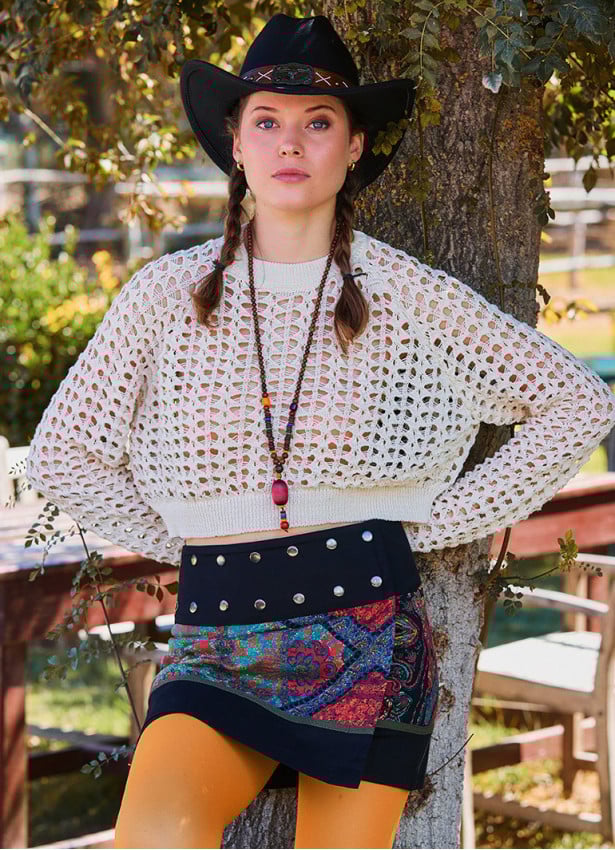 Crew Neck Perforated Ecru Long Sleeve Blouse 4752