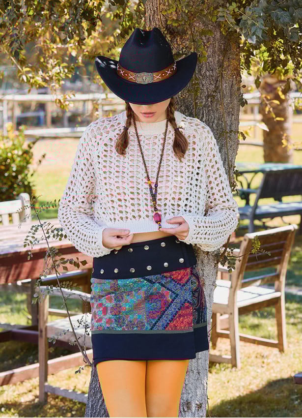 Crew Neck Perforated Ecru Long Sleeve Blouse 4752