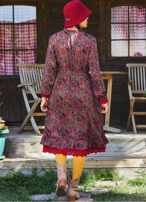 Button Detailed Lace Red Shawl Patterned Winter Dress 4733