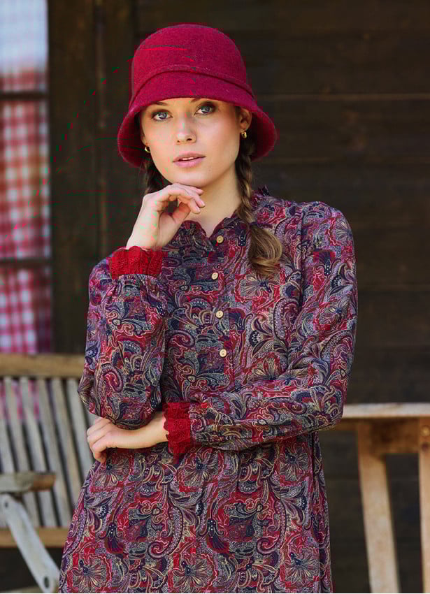 Button Detailed Lace Red Shawl Patterned Winter Dress 4733