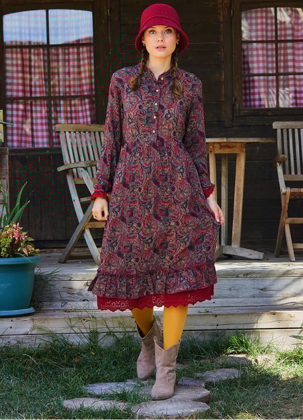 Button Detailed Lace Red Shawl Patterned Winter Dress 4733