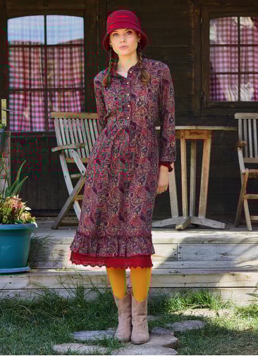Button Detailed Lace Red Shawl Patterned Winter Dress 4733