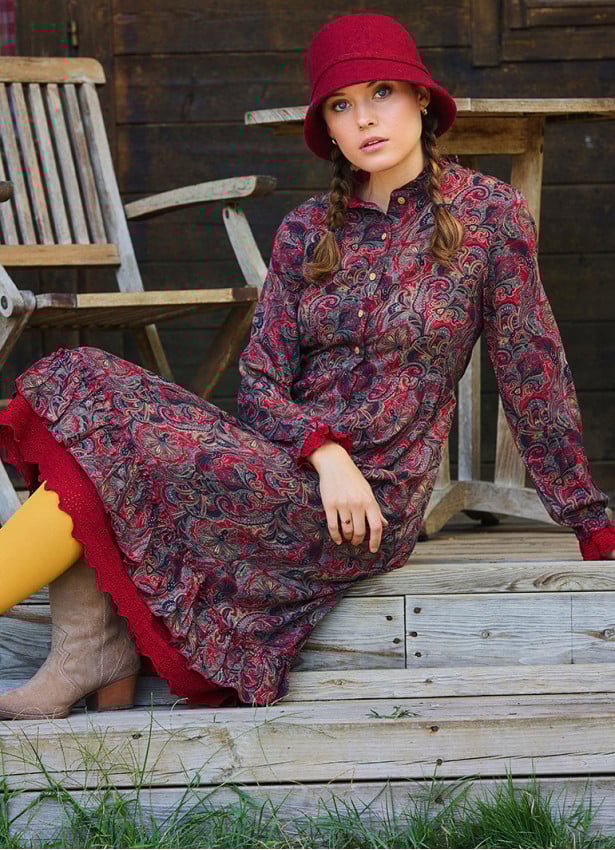 Button Detailed Lace Red Shawl Patterned Winter Dress 4733