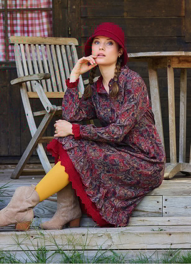 Button Detailed Lace Red Shawl Patterned Winter Dress 4733