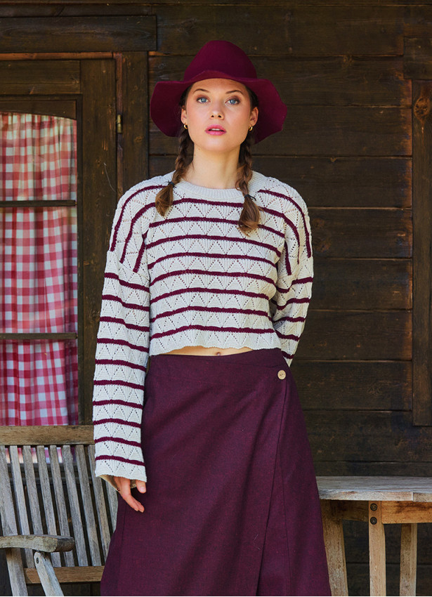 Crew Neck Above Waist Burgundy Striped Womens Sweater 4747