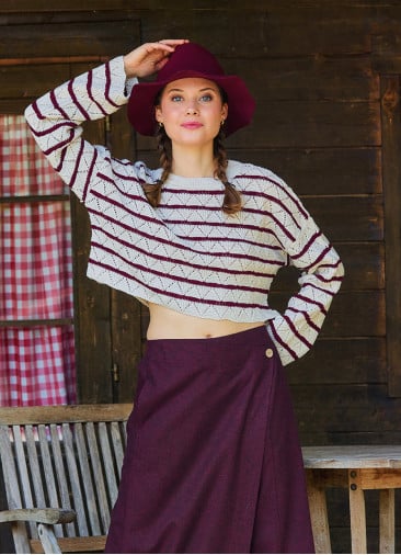 Crew Neck Above Waist Burgundy Striped Womens Sweater 4747