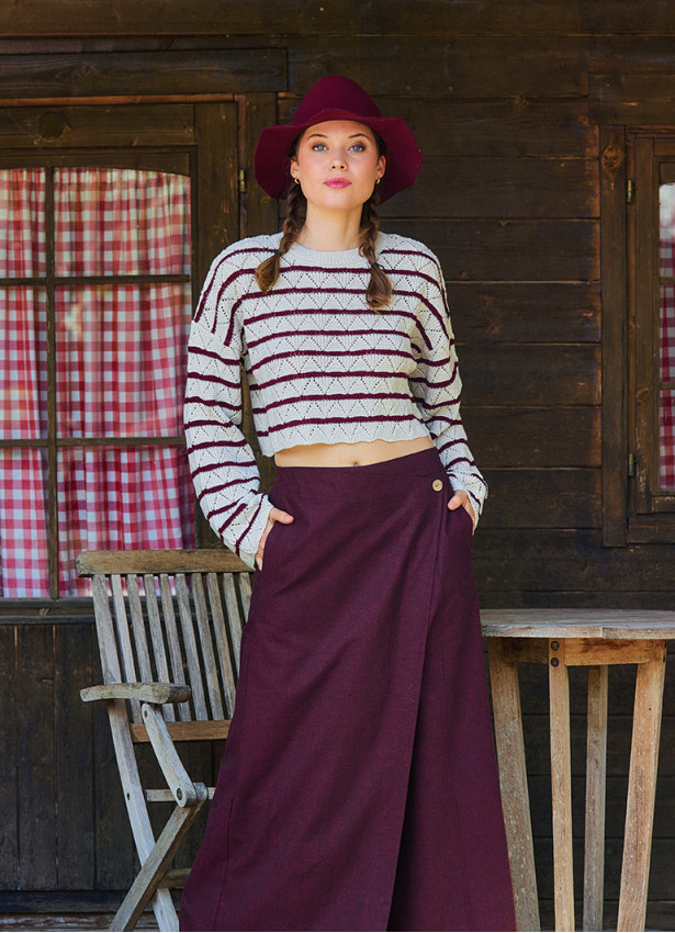 Crew Neck Above Waist Burgundy Striped Womens Sweater 4747