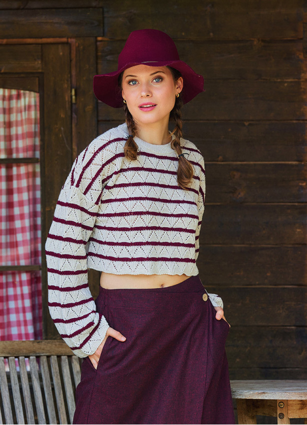 Crew Neck Above Waist Burgundy Striped Womens Sweater 4747
