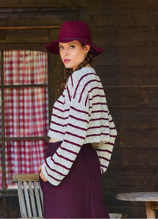 Crew Neck Above Waist Burgundy Striped Womens Sweater 4747