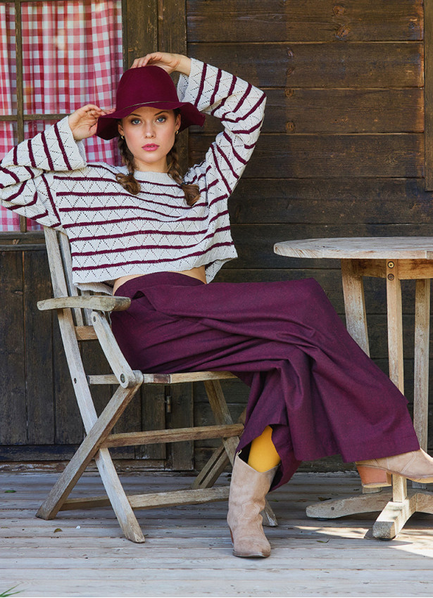 Crew Neck Above Waist Burgundy Striped Womens Sweater 4747