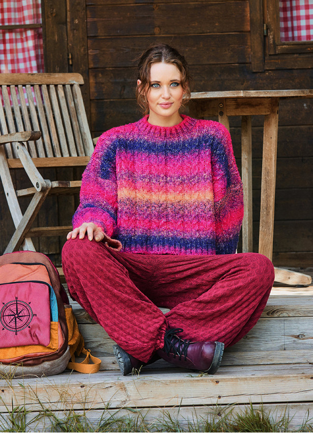 Crew Neck Bohemian Style Fuchsia Womens Sweater 4749