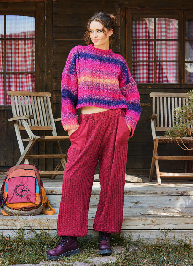 Burgundy Womens Winter Trousers with Elastic Waist and Pockets 4754