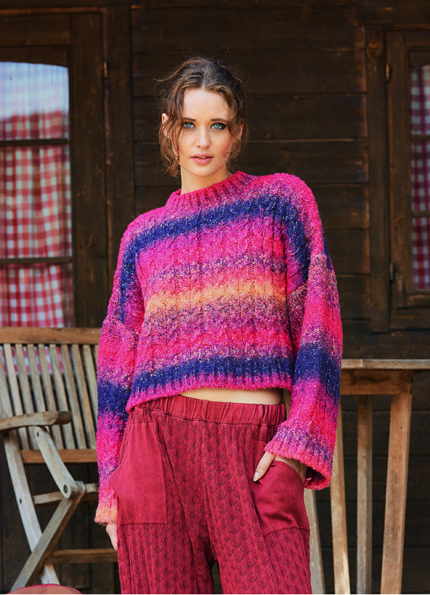 Crew Neck Bohemian Style Fuchsia Womens Sweater 4749
