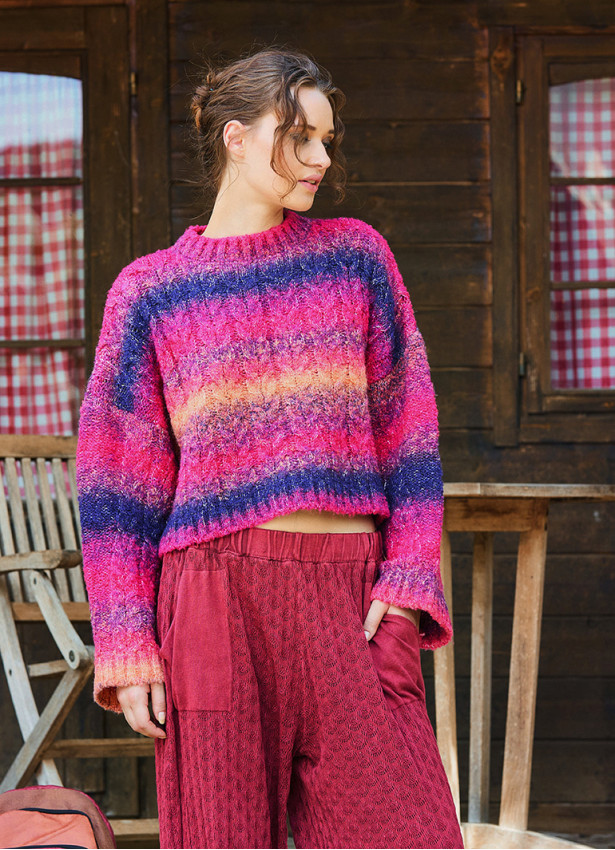 Crew Neck Bohemian Style Fuchsia Womens Sweater 4749