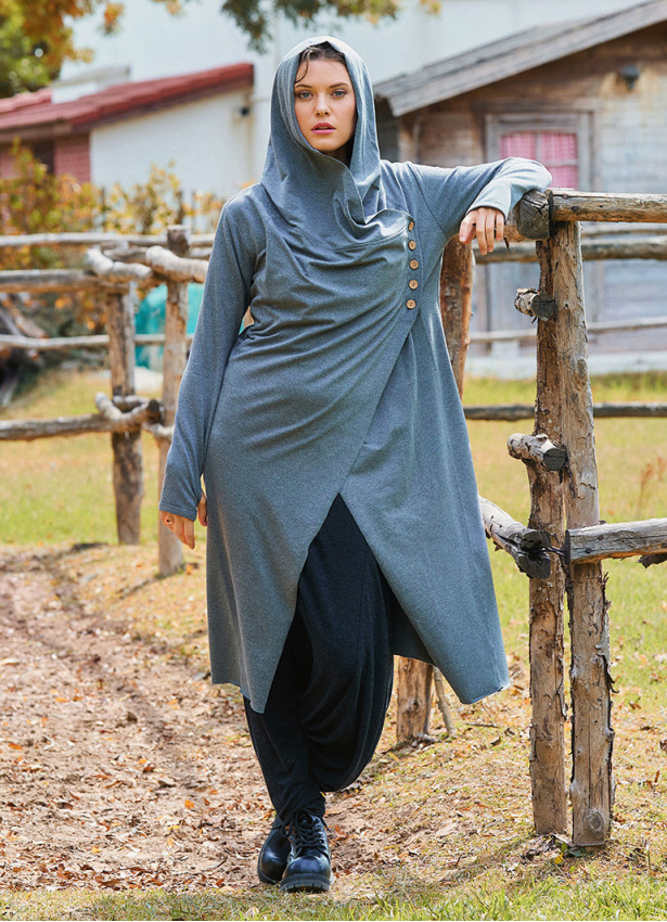 Hooded Gray Bohemian Cardigan with Thumbhole Button Detail 4695
