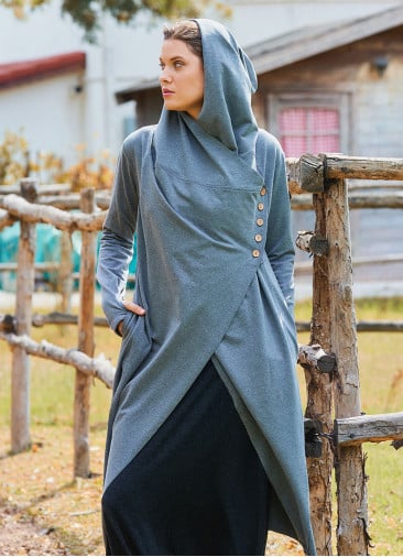 Hooded Gray Bohemian Cardigan with Thumbhole Button Detail 4695