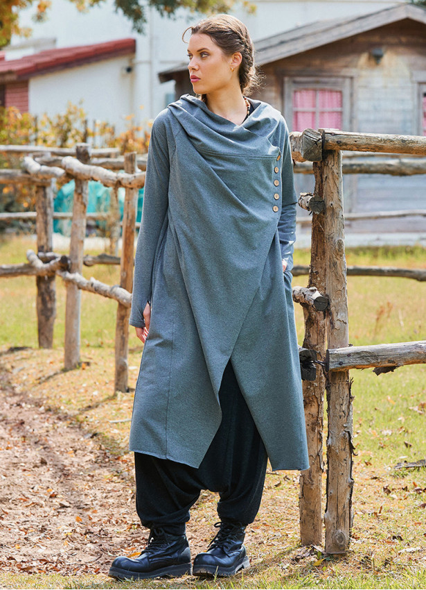 Hooded Gray Bohemian Cardigan with Thumbhole Button Detail 4695