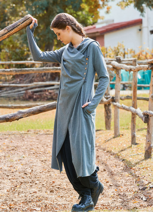Hooded Gray Bohemian Cardigan with Thumbhole Button Detail 4695