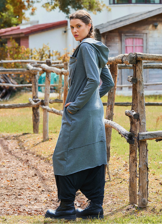 Hooded Gray Bohemian Cardigan with Thumbhole Button Detail 4695