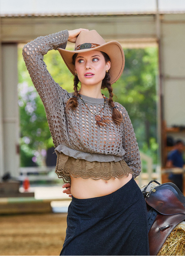 Elastic Waist Laced Brown Womens Knitwear 4751
