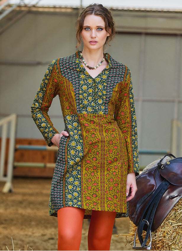Grandad Collar Button Detailed Tie Green Floral Dress 4726