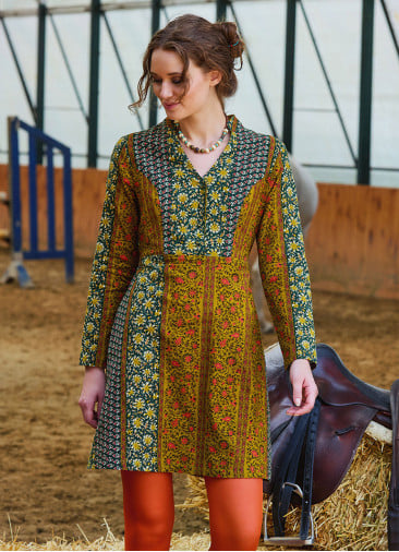 Grandad Collar Button Detailed Tie Green Floral Dress 4726