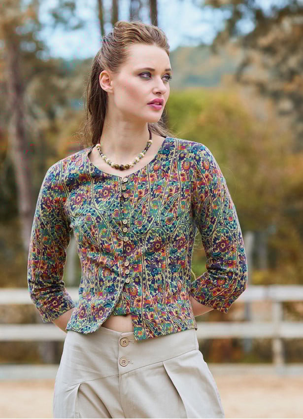 Crew Neck Half Sleeve Button Detailed Green Floral Blouse 4782