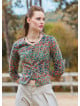 Crew Neck Half Sleeve Button Detailed Green Floral Blouse 4782