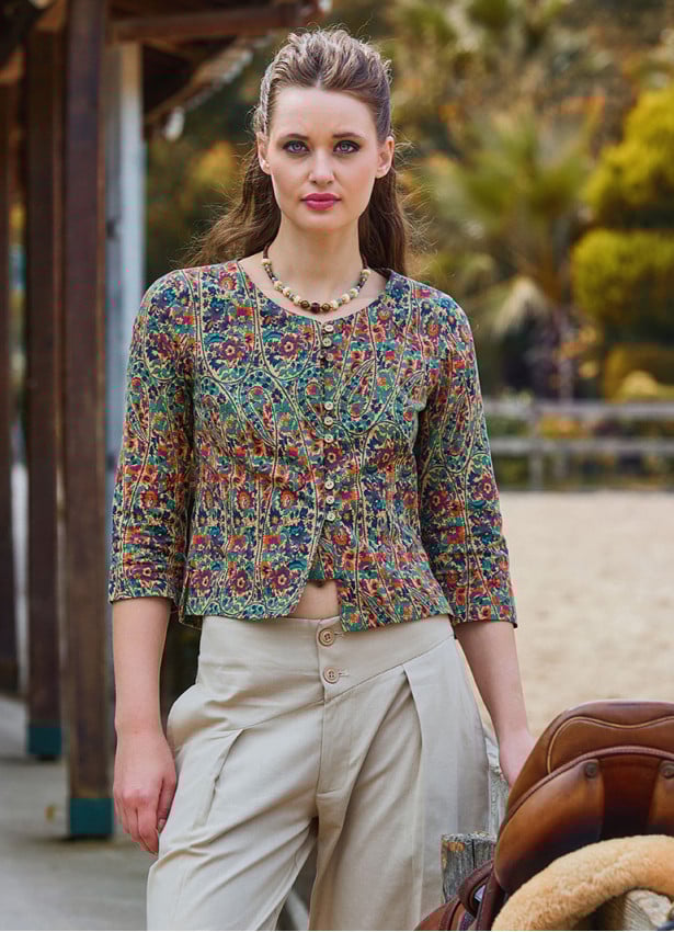 Crew Neck Half Sleeve Button Detailed Green Floral Blouse 4782