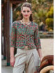 Crew Neck Half Sleeve Button Detailed Green Floral Blouse 4782