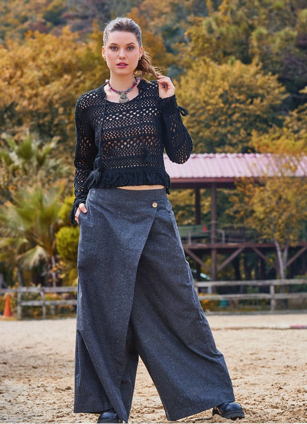 Gray Women's Bohemian Trousers with Pockets and Asymmetrical Cut and Button Detail 4706