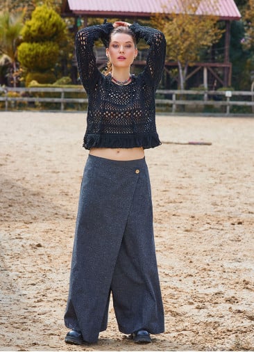 Gray Women's Bohemian Trousers with Pockets and Asymmetrical Cut and Button Detail 4706
